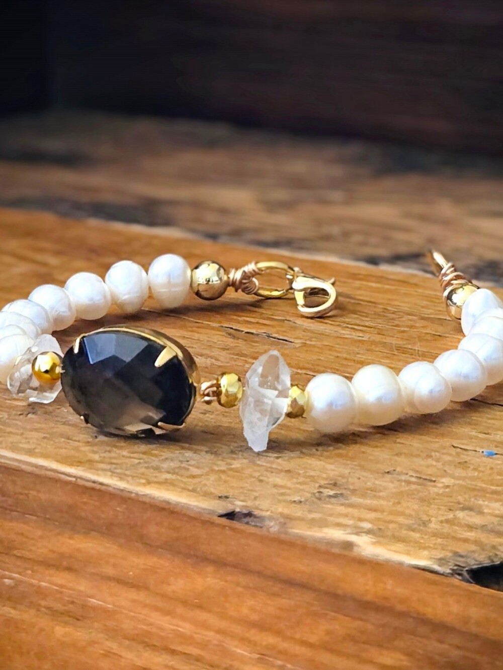 Quiet Luxury 9.5 Carats Genuine Smoky Quartz & Natural Baroque Pearls Bracelet